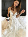 V Neck Spaghetti Straps Appliques Court Train Tulle Wedding Dress WD165 - Tirdress