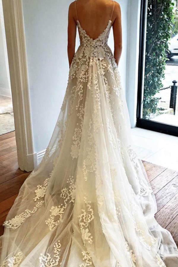 V Neck Spaghetti Straps Appliques Court Train Tulle Wedding Dress WD165 - Tirdress