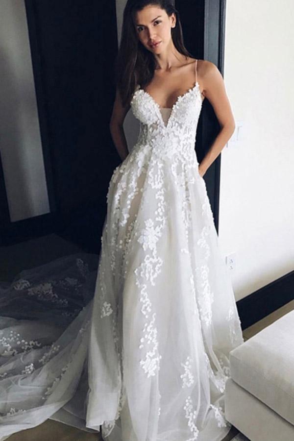 V Neck Spaghetti Straps Appliques Court Train Tulle Wedding Dress WD165 - Tirdress