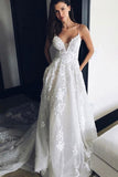 V Neck Spaghetti Straps Appliques Court Train Tulle Wedding Dress WD165 - Tirdress