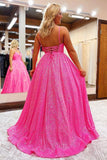 V Neck Spaghetti Straps Hot Pink Long Prom Dresses with Pockets TP1082 - Tirdress