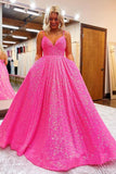 V Neck Spaghetti Straps Hot Pink Long Prom Dresses with Pockets TP1082