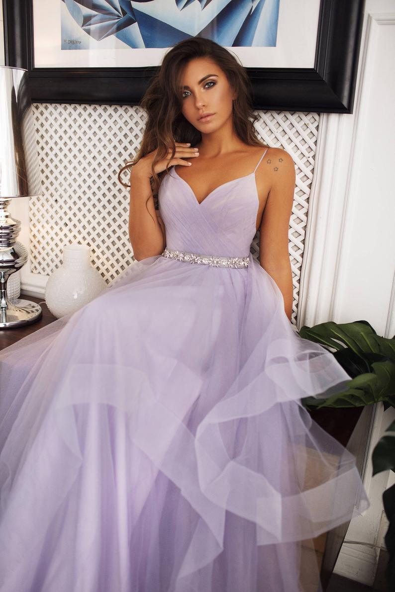Spaghetti Straps Lavender Wedding Dresses Backless Bridal Gown TN283 US0 / White Spaghetti Straps Lavender Wedding Dresses Backless Bridal Gown TN283 US0 / White