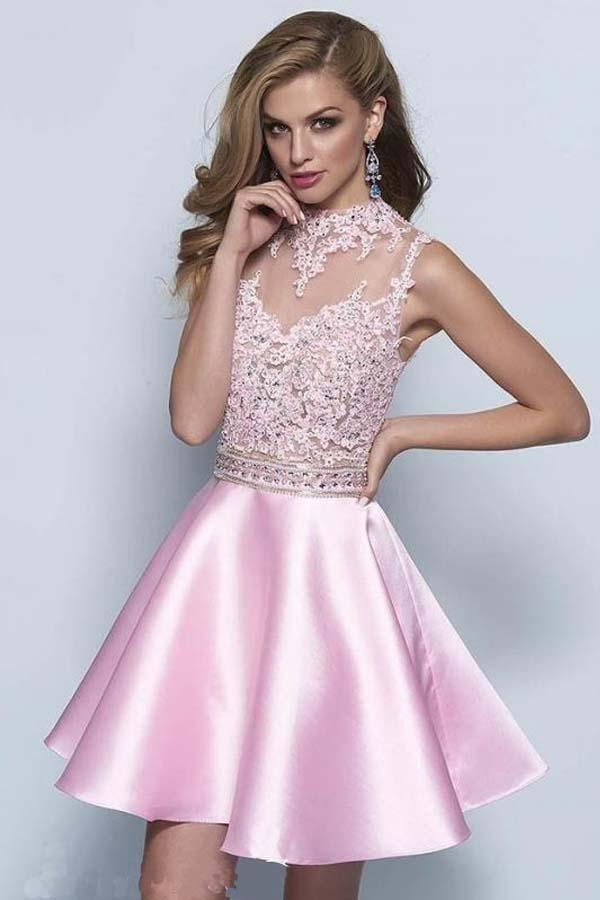 Neckline Keyhole A-line Pink Satin Homecoming Dresses Tirdress Neckline Keyhole A-line Pink Satin Homecoming Dresses Tirdress