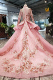 New Arrival Pink Prom Dresses Long Sleeves Ball Gown High Neck Quinceanera Dresses TP0859 - Tirdress