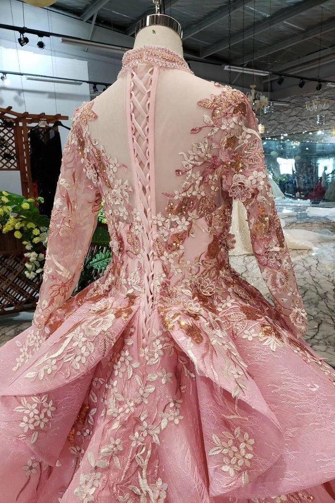 New Arrival Pink Prom Dresses Long Sleeves Ball Gown High Neck Quinceanera Dresses TP0859 - Tirdress