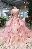 New Arrival Pink Prom Dresses Long Sleeves Ball Gown High Neck Quinceanera Dresses TP0859 - Tirdress