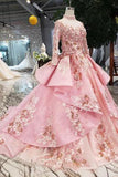 New Arrival Pink Prom Dresses Long Sleeves Ball Gown High Neck Quinceanera Dresses TP0859