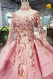 New Arrival Pink Prom Dresses Long Sleeves Ball Gown High Neck Quinceanera Dresses TP0859 - Tirdress