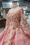 New Arrival Pink Prom Dresses Long Sleeves Ball Gown High Neck Quinceanera Dresses TP0859 - Tirdress