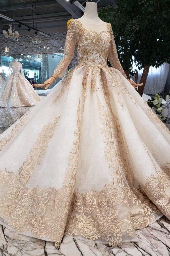 New Arrival Prom Dresses Long Sleeves Ball Gown Scoop With Applique Beads Lace Up Back TP0858 - Tirdress