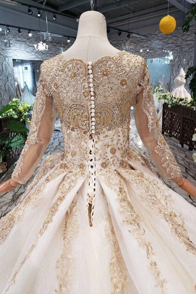 New Arrival Prom Dresses Long Sleeves Ball Gown Scoop With Applique Beads Lace Up Back TP0858 - Tirdress