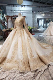 New Arrival Prom Dresses Long Sleeves Ball Gown Scoop With Applique Beads Lace Up Back TP0858 - Tirdress