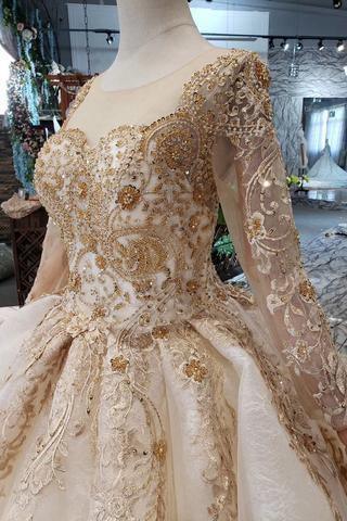 New Arrival Prom Dresses Long Sleeves Ball Gown Scoop With Applique Beads Lace Up Back TP0858 - Tirdress