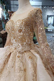 New Arrival Prom Dresses Long Sleeves Ball Gown Scoop With Applique Beads Lace Up Back TP0858 - Tirdress