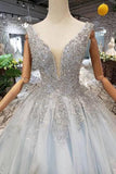 New Arrival Wedding Dresses V Neck Lace Up Back Beads Prom Dress Tulle TN140 - Tirdress