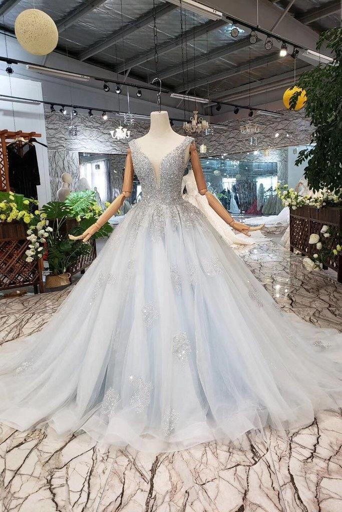 Wedding Dresses V Neck Lace Up Back Beads Prom Dress Tulle TN140 US8 / As Picture Wedding Dresses V Neck Lace Up Back Beads Prom Dress Tulle TN140 US8 / As Picture