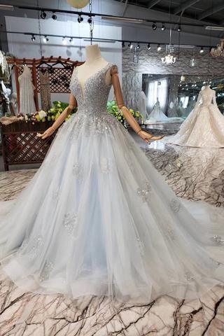 New Arrival Wedding Dresses V Neck Lace Up Back Beads Prom Dress Tulle TP0873 - Tirdress