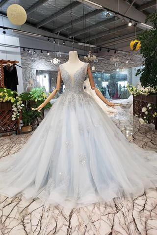 New Arrival Wedding Dresses V Neck Lace Up Back Beads Prom Dress Tulle TP0873 - Tirdress