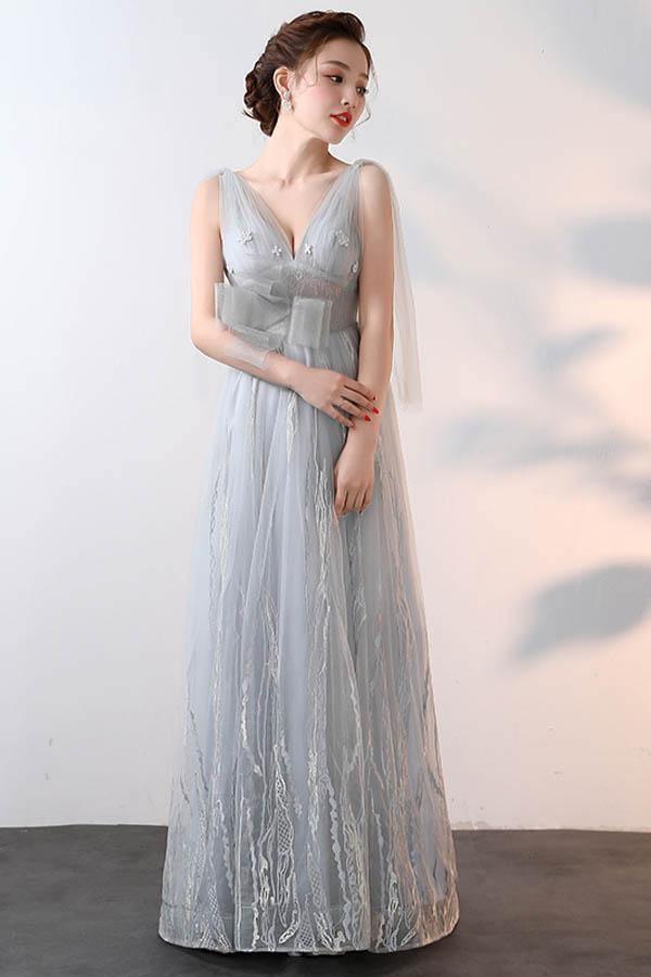New Style A-line V Neck Tulle Prom Dresses With Applique PG627 - Tirdress