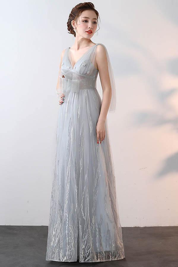 New Style A-line V Neck Tulle Prom Dresses With Applique PG627 - Tirdress