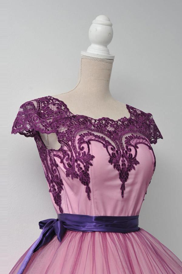 Square Cap Sleeves Knee-Length Purple Homecoming Dress With Sash TR0111 - Tirdress