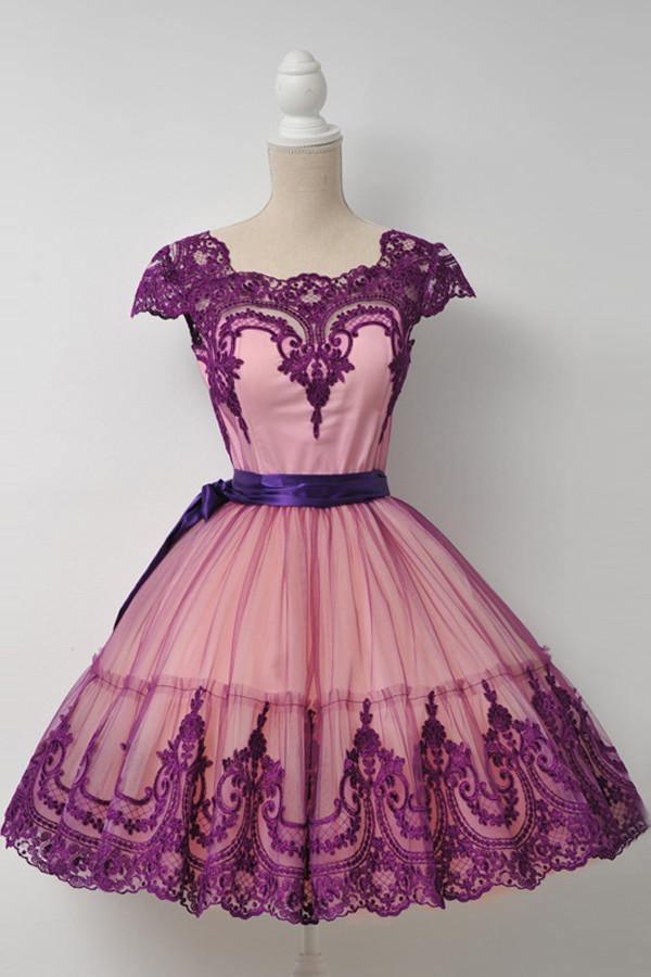 Square Cap Sleeves Knee-Length Purple Homecoming Dress With Sash TR0111 - Tirdress