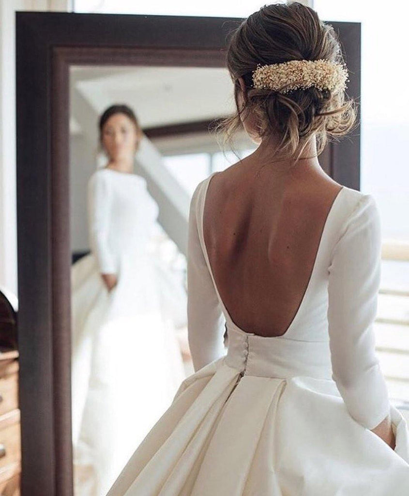 Nude Back Long Sleeves Satin Ball Gown Wedding Dresses with Pockets TN195 - Tirdress