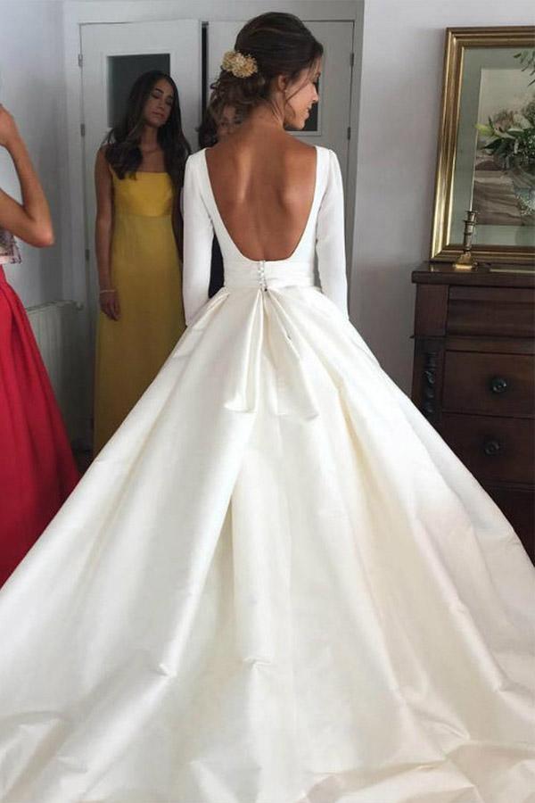 Nude Back Long Sleeves Satin Ball Gown Wedding Dresses with Pockets TN195 - Tirdress