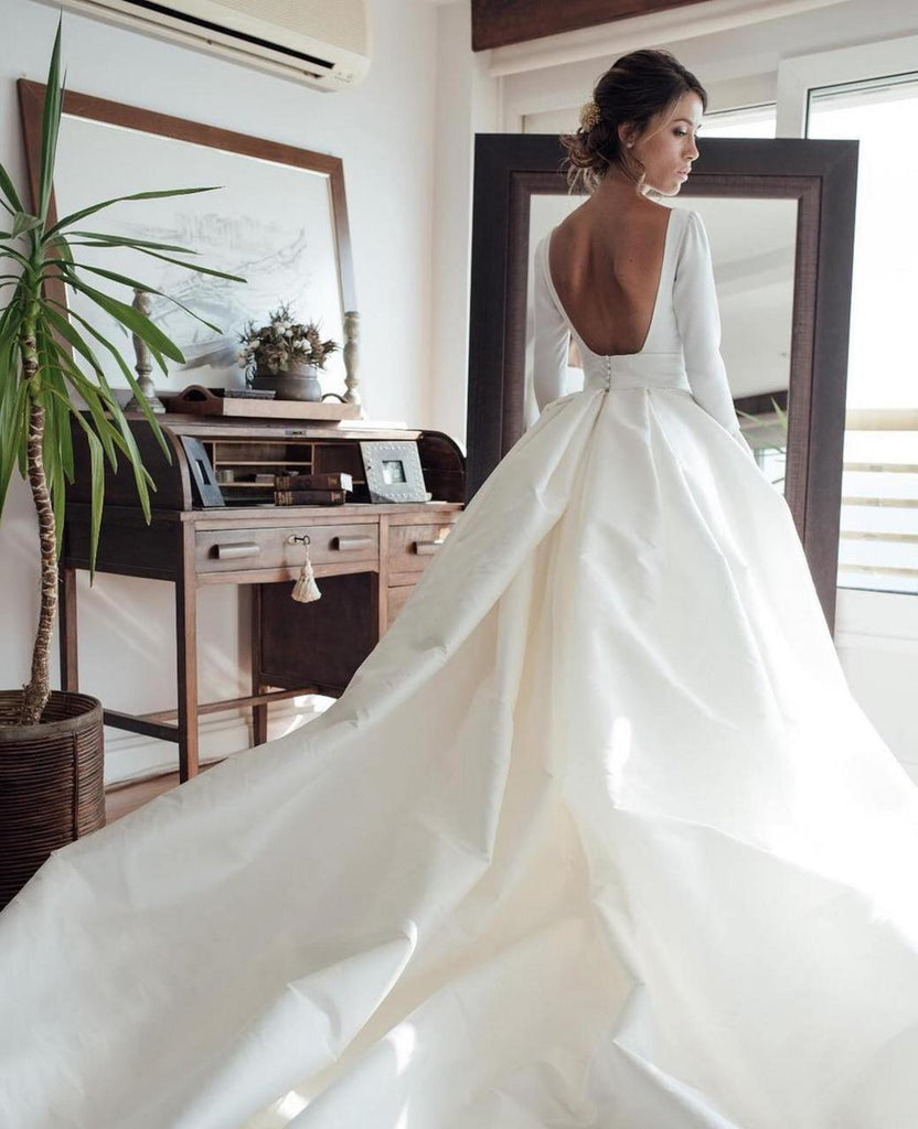 Nude Back Long Sleeves Satin Ball Gown Wedding Dresses with Pockets TN195 - Tirdress