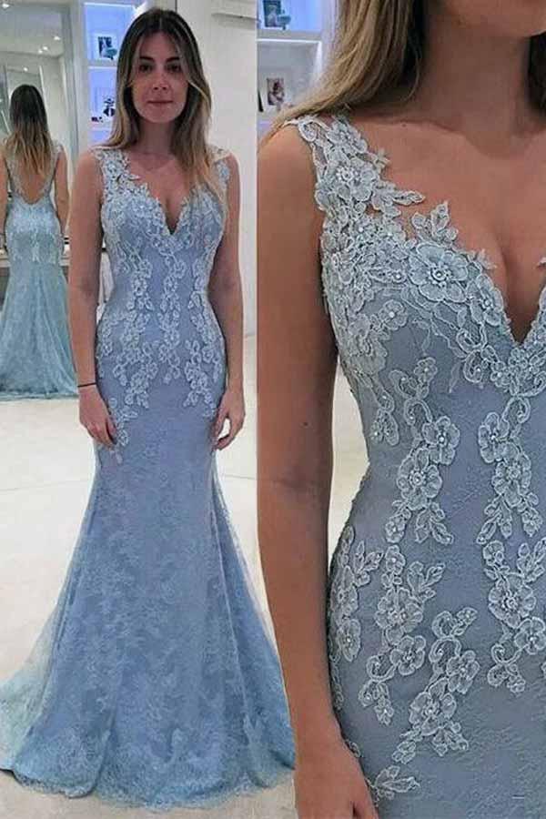 OPEN BACK V NECK LIGHT BLUE LACE MERMAID PROM DRESSES EVENING GOWN PARTY DRESS TP0849 - Tirdress