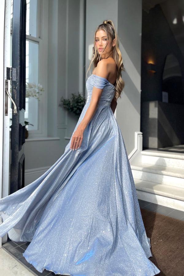 Off-the-shoulder A-line Prom Dresses With Slit Sparkly Evening Gowns US0 / Light Blue Off-the-shoulder A-line Prom Dresses With Slit Sparkly Evening Gowns US0 / Light Blue