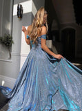 Off-the-shoulder A-line Prom Dresses With Slit Sparkly Evening Gowns TP1135 - Tirdress