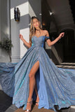 Off-the-shoulder A-line Prom Dresses With Slit Sparkly Evening Gowns TP1135 - Tirdress