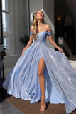 Off-the-shoulder A-line Prom Dresses With Slit Sparkly Evening Gowns TP1135 - Tirdress