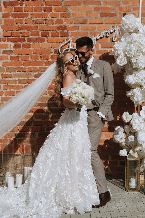 Off Shoulder 3D Flower Beach Wedding Dress Boho Wedding Dress TN332 Custom Size / Ivory Off Shoulder 3D Flower Beach Wedding Dress Boho Wedding Dress TN332 Custom Size / Ivory