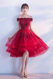 Schulterfreies, luxuriöses High-Low-Applikationen-Abendkleid in Rot HD0155