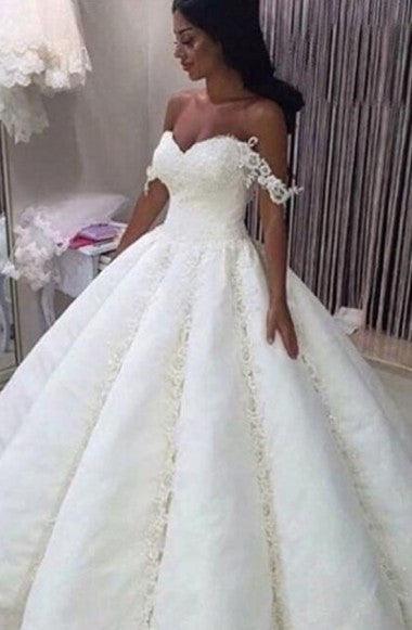 Off Shoulder Ball Gown Long Satin Ruched Wedding Dress With Lace Appliques TN0040 - Tirdress