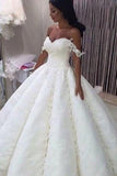 Off Shoulder Ball Gown Long Satin Ruched Wedding Dress With Lace Appliques TN0040