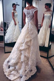 Off Shoulder Cap Sleeves Sweep Train Lace Wedding Dress With Sash Ruffles  TN0090