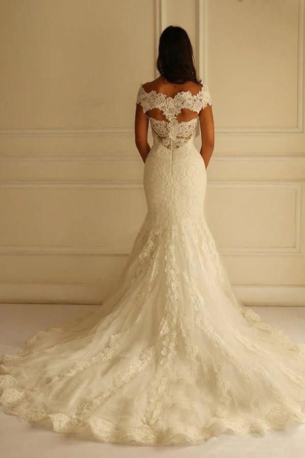Off Shoulder Court Train Short Sleeves Mermaid Lace Wedding Dress WD104 - Tirdress