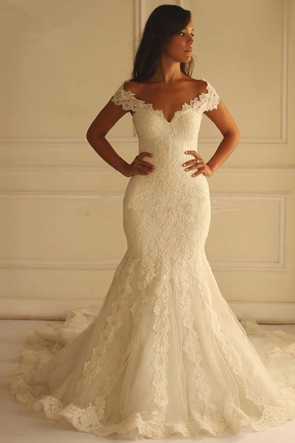 Off Shoulder Court Train Short Sleeves Mermaid Lace Wedding Dress US8 / Custom Color Off Shoulder Court Train Short Sleeves Mermaid Lace Wedding Dress US8 / Custom Color