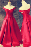 Schulterfreies, bodenlanges, rotes Ball-/Abendkleid aus Satin mit Gürtel PG300