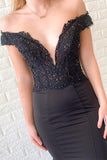 Off the Shoulder Lace Bodice Black Mermaid Prom Dress Court Train TP1012 - Tirdress