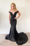 Off the Shoulder Lace Bodice Black Mermaid Prom Dress Court Train TP1012