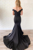 Off the Shoulder Lace Bodice Black Mermaid Prom Dress Court Train TP1012 - Tirdress