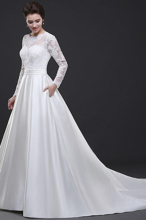 Off Shoulder Long Sleeve Wedding Dress Court Train With Lace Appliques TN0104 - Tirdress