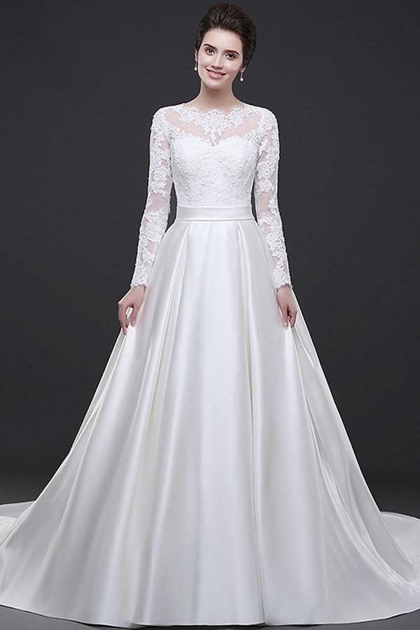 Off Shoulder Long Sleeve Wedding Dress Court Train With Lace Appliques TN0104 - Tirdress