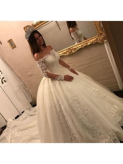 Off The Shoulder Long Sleeves Appliques Ball Gown Wedding Dress WD163 - Tirdress