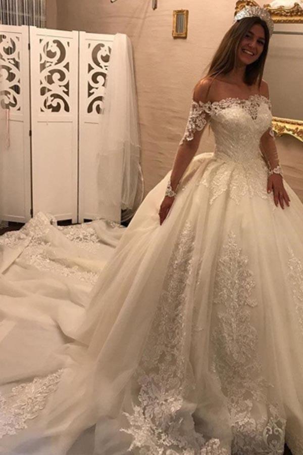 Off The Shoulder Long Sleeves Appliques Ball Gown Wedding Dress WD163 - Tirdress
